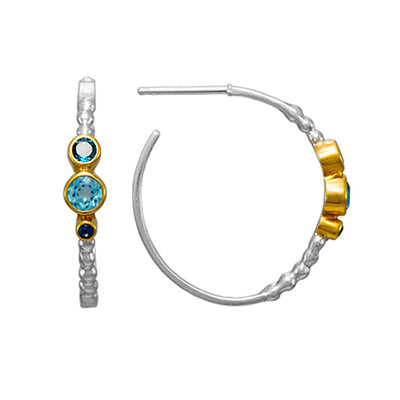 Michou Sterling Silver and 22K Gold Vermeil Earring with Baby Blue Topaz, London Blue Topaz and Sapphire
