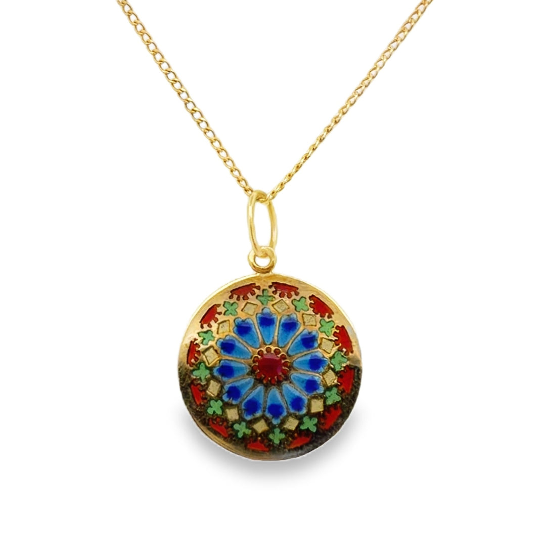Estate 14kt yellow gold plique-à-jour enamel stained glass window pendant necklace