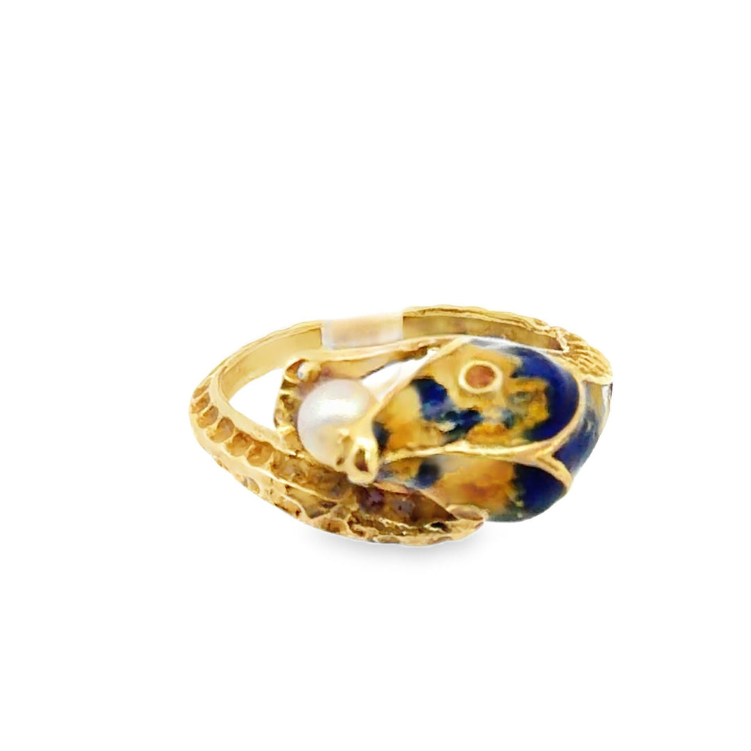 Estate 18kt yellow gold pearl and enamel snake ring