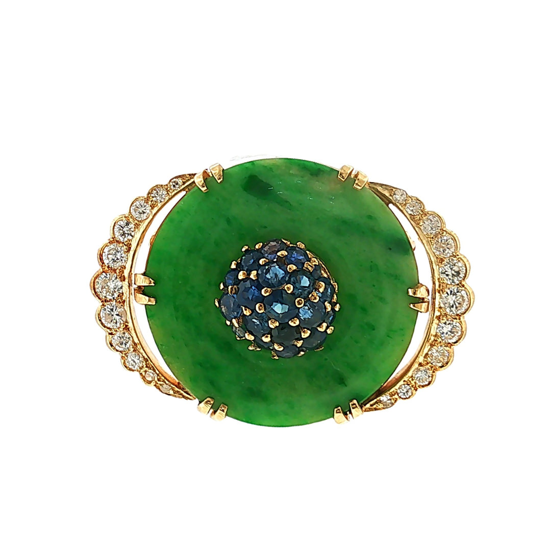 Estate 14kt yellow gold jade, diamond, and sapphire brooch