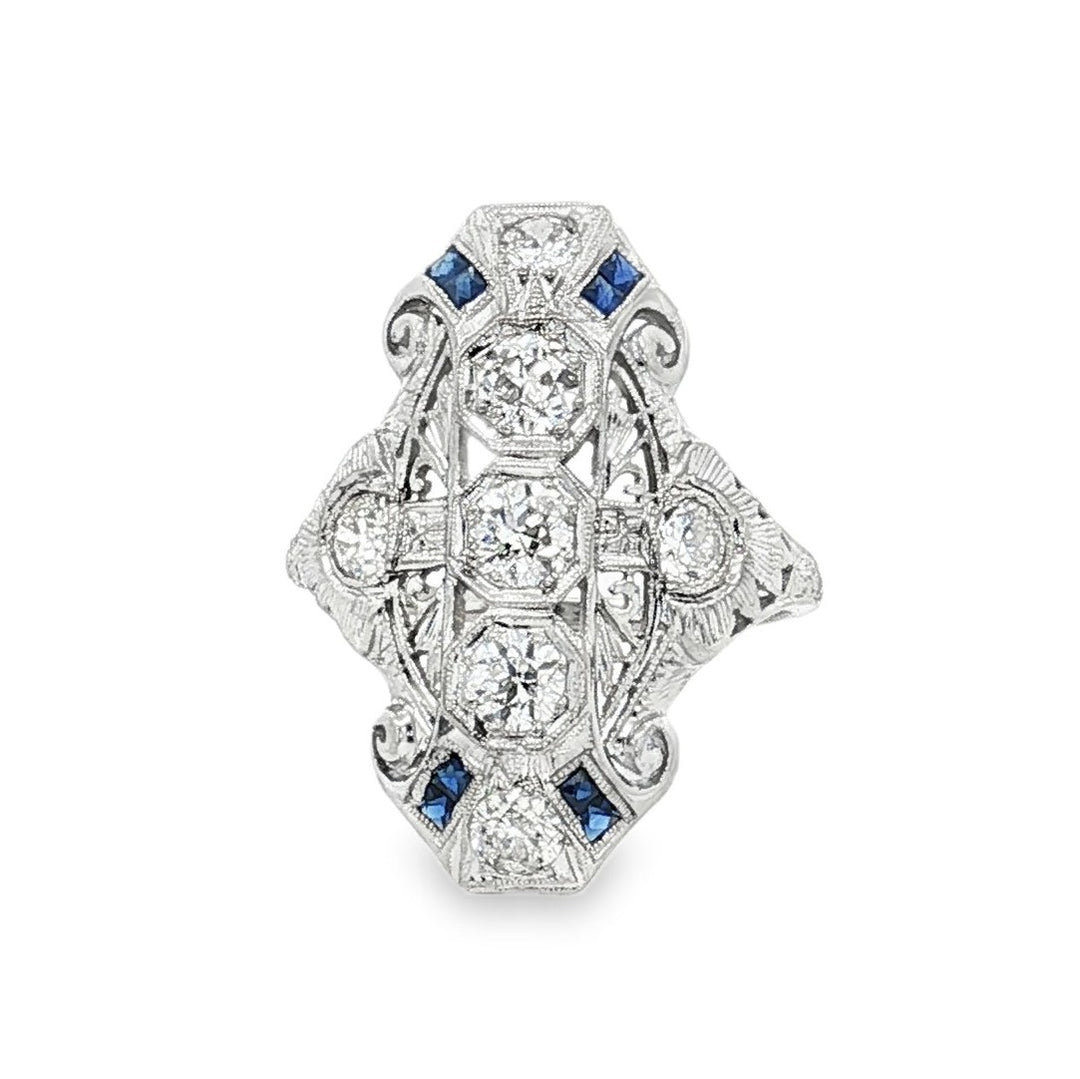 Estate Art Deco platinum diamond and sapphire ring