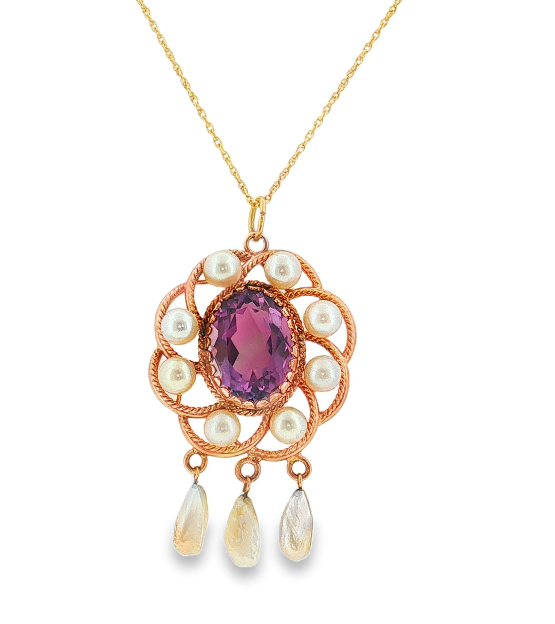 Estate 14kt yellow gold amethyst and pearl pendant necklace
