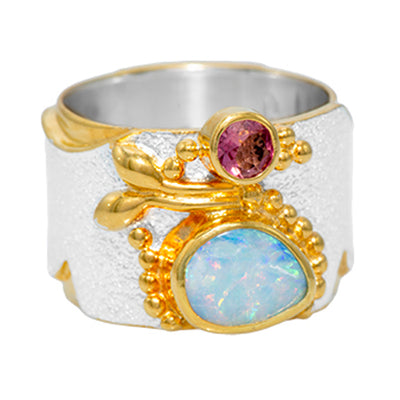 Michou sterling silver and 22kt gold vermeil opal and pink tourmaline ring