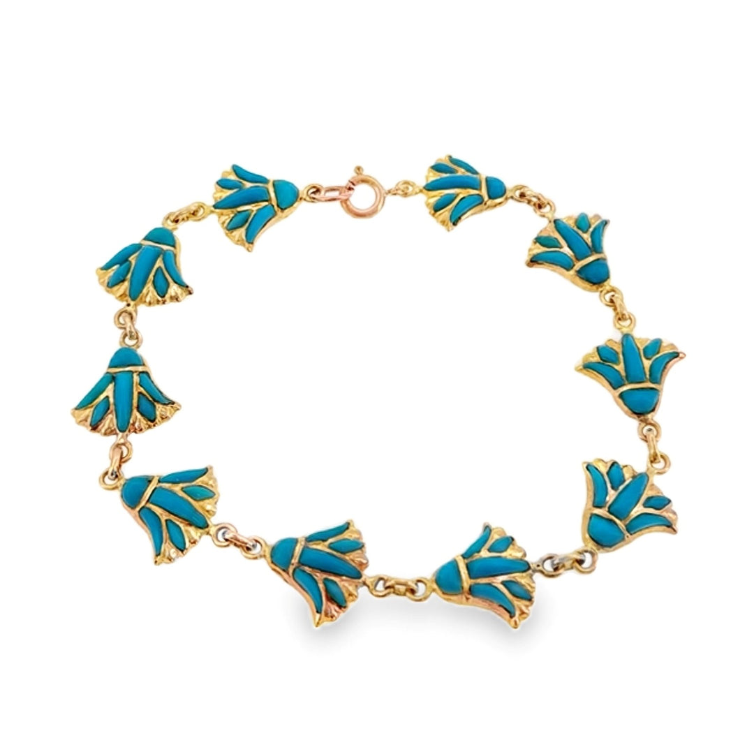 Estate 18kt yellow gold turquoise papyrus link bracelet