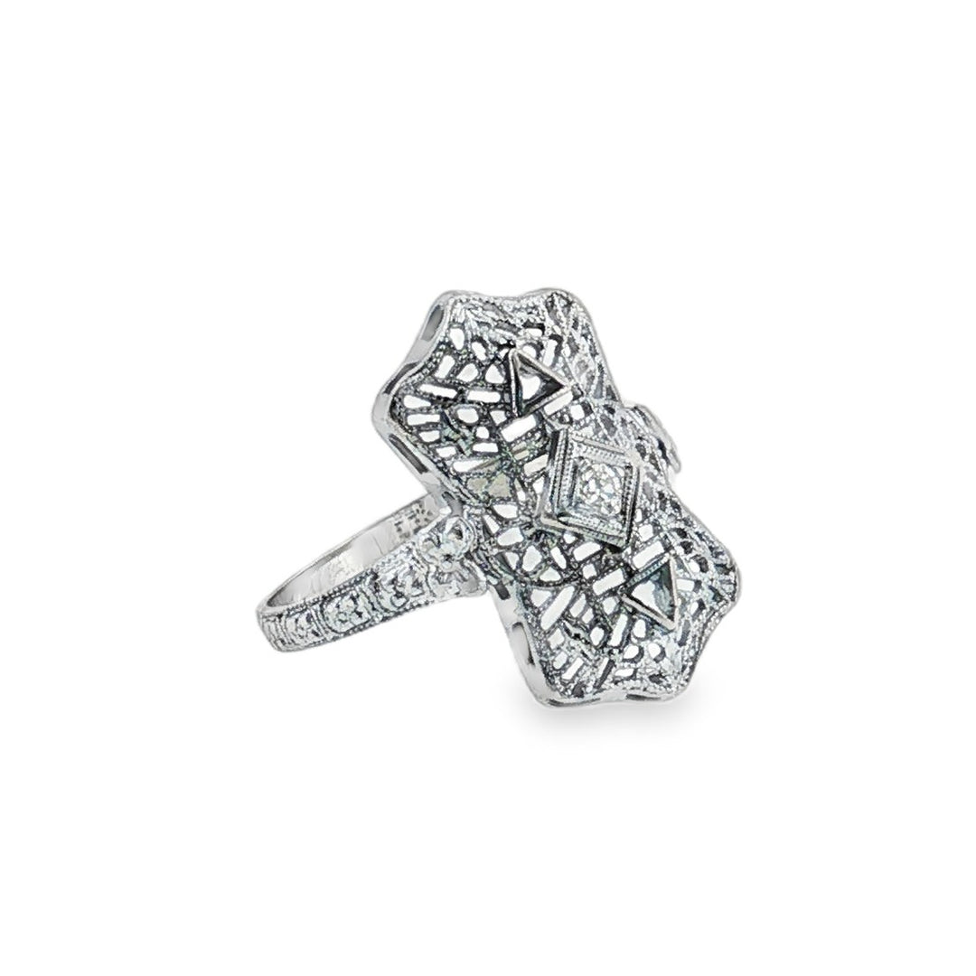 Estate Art Deco 14kt White Gold Filigree Diamond Ring