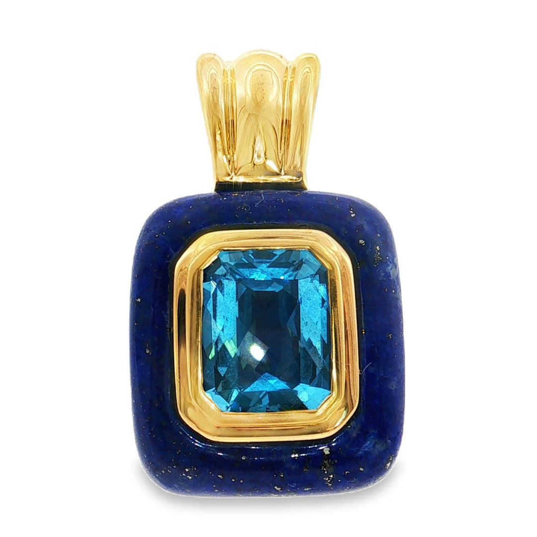 Estate 18kt yellow gold blue topaz and lapis enhancer pendant