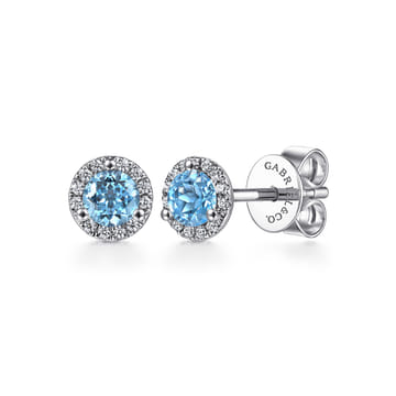 Gabriel & Co. 14kt white gold blue topaz and diamond petite halo stud earrings