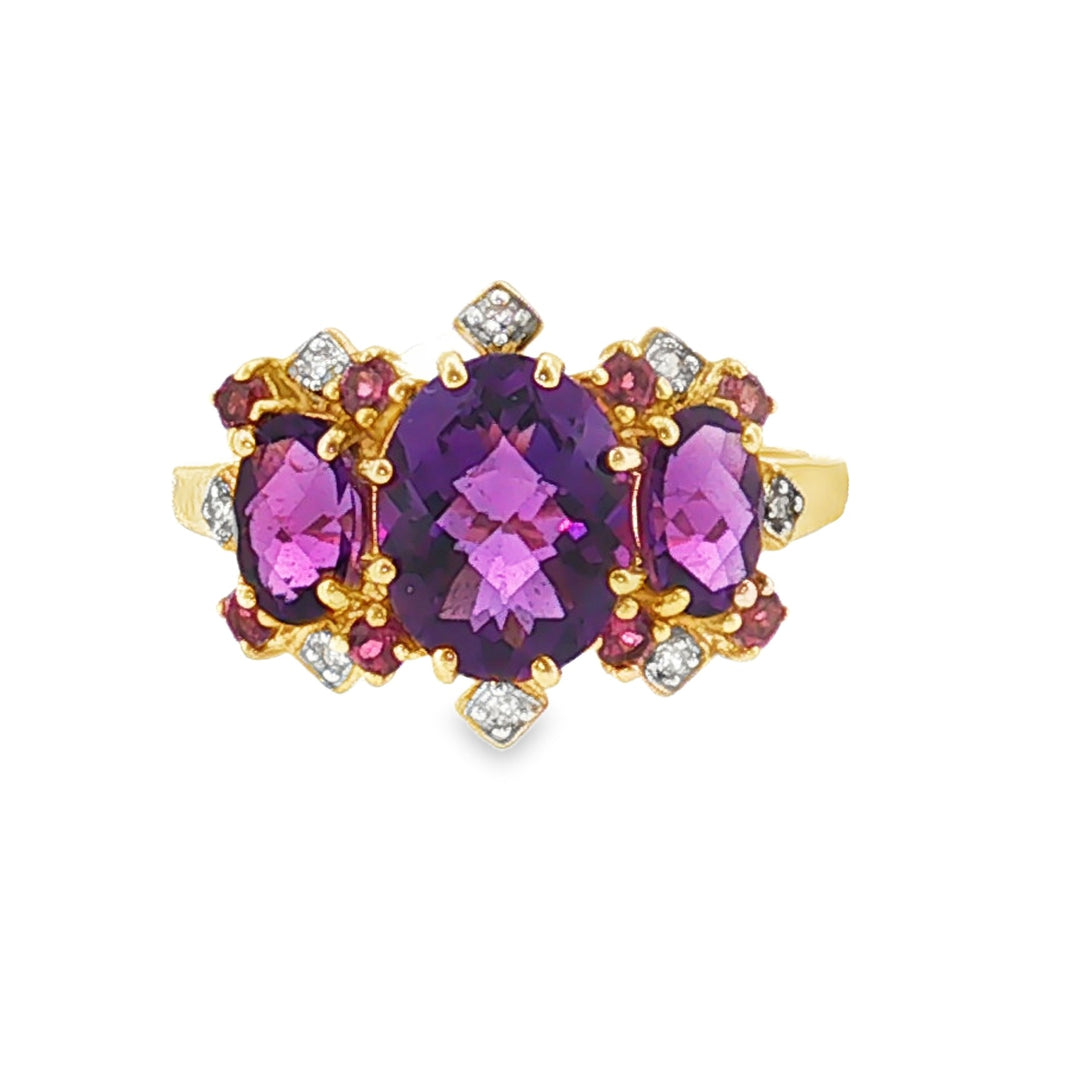 Estate 14kt yellow gold amethyst, garnet, and diamond ring