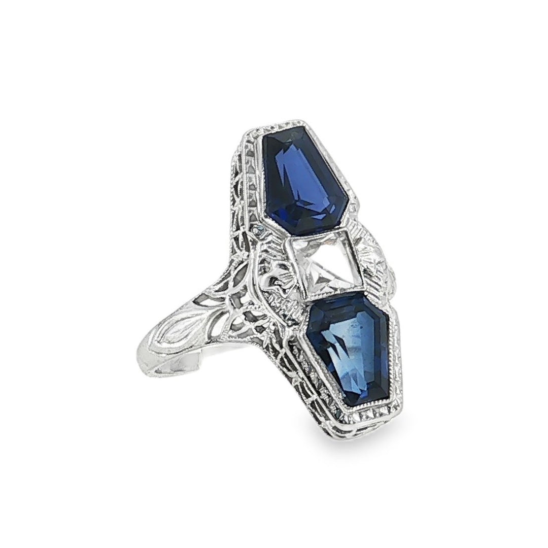 Estate Art Deco 14kt White Gold Filigree Synthetic Sapphire Ring