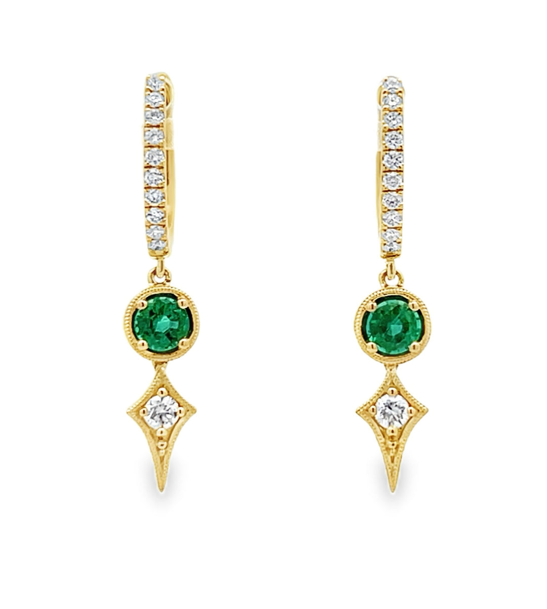 18kt yellow gold emerald and diamond hoop dangle earrings