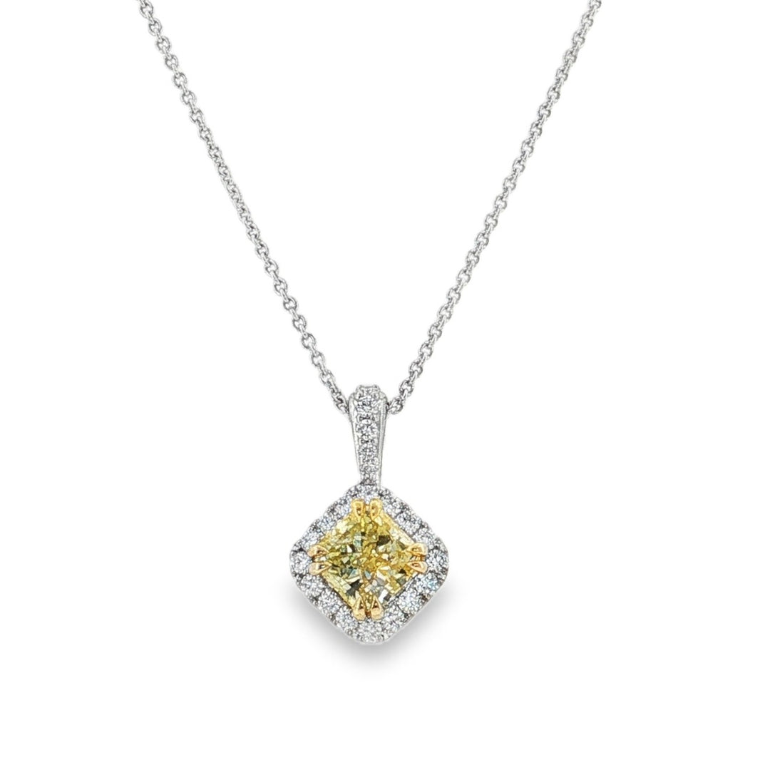 14kt white gold fancy yellow diamond halo pendant necklace