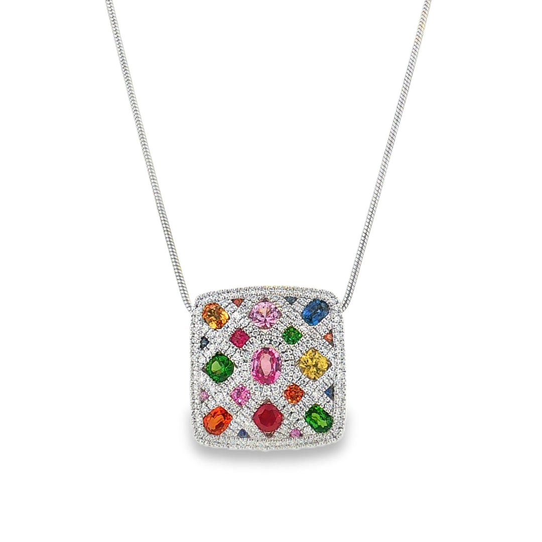 Estate Alison Kaufman 14kt white gold sapphire, ruby, tsavorite garnet, and diamond pendant necklace