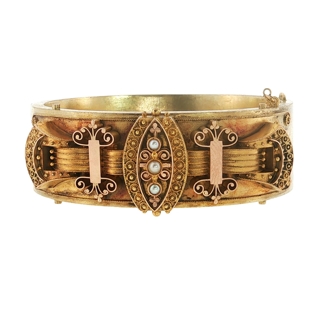 Estate Victorian 18kt yellow gold seed pearl bangle bracelet