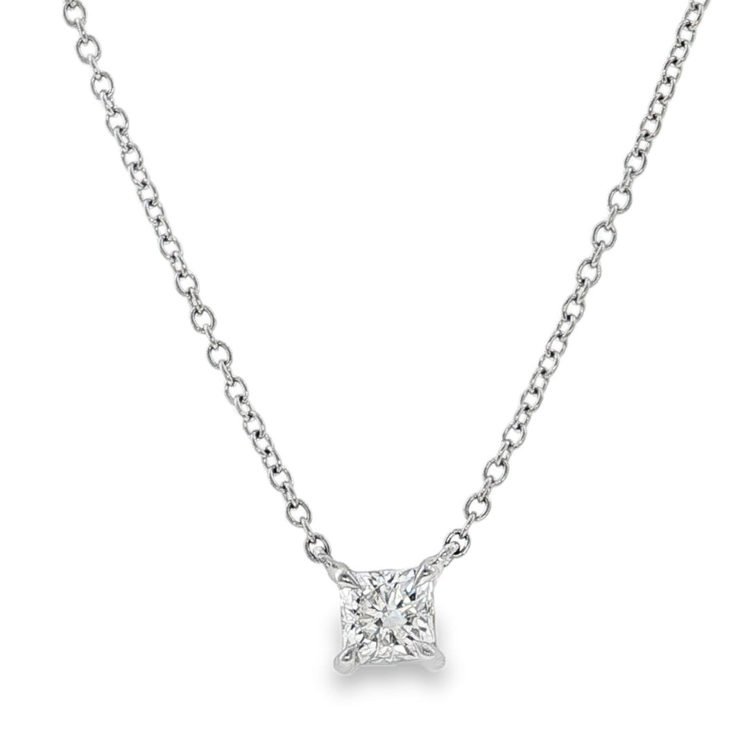 Platinum square "Dream" diamond solitaire pendant necklace.
