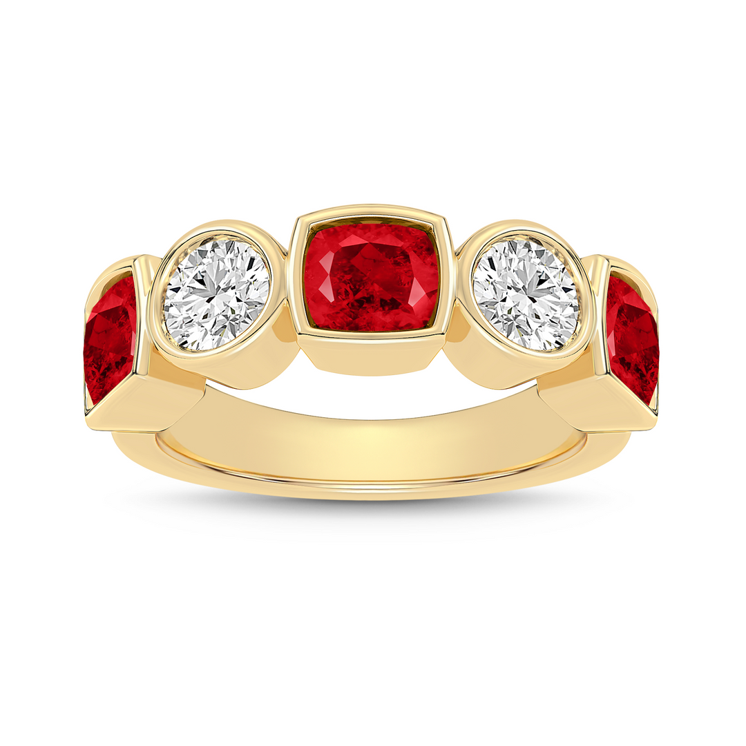 14kt yellow gold cushion cut ruby and round diamond bezel/ split prong band ring