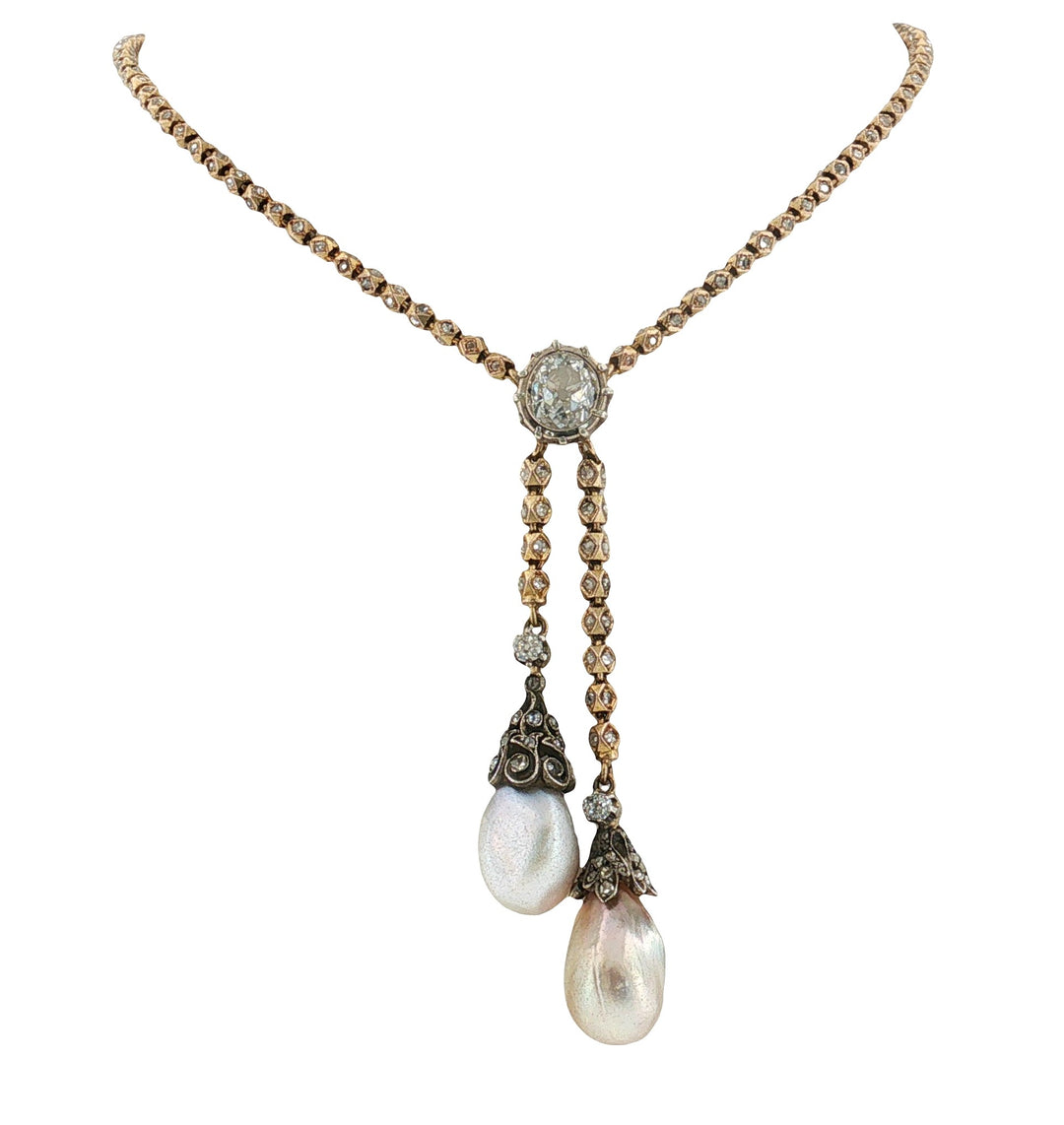 Estate Victorian silver topped 18kt yellow gold natural pearl and diamond négligée style necklace
