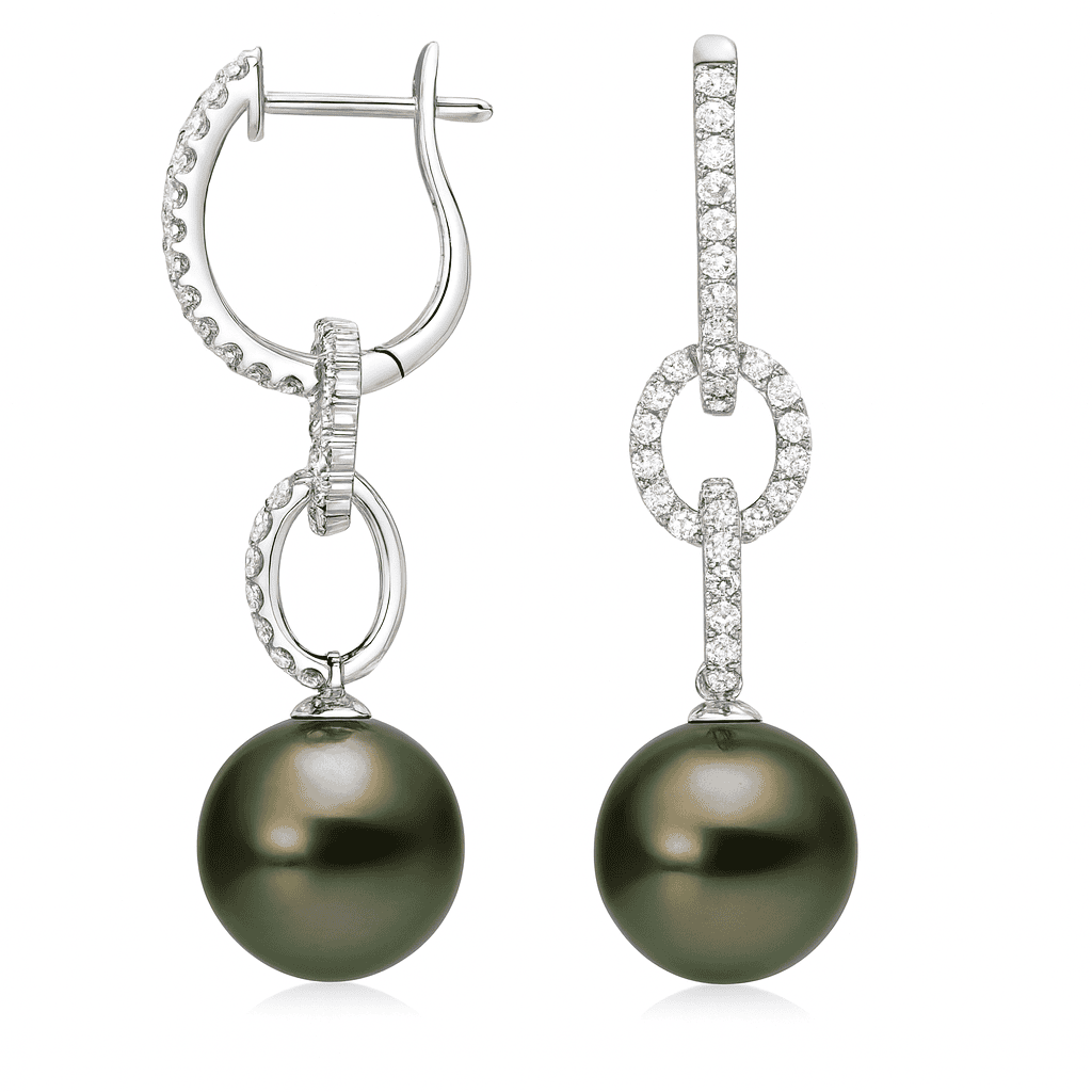 18kt white gold Tahitian pearl and diamond hoop and charm earrings