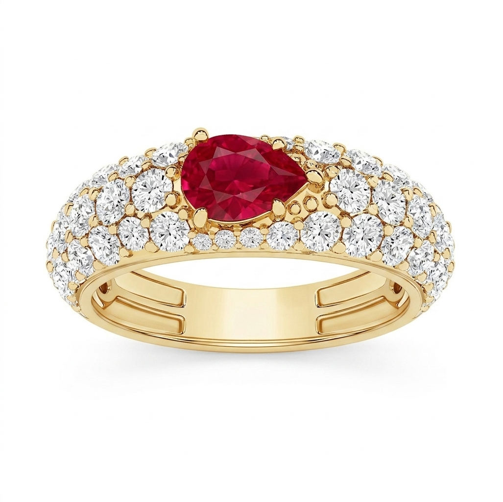 14kt yellow gold ruby and pave diamond ring