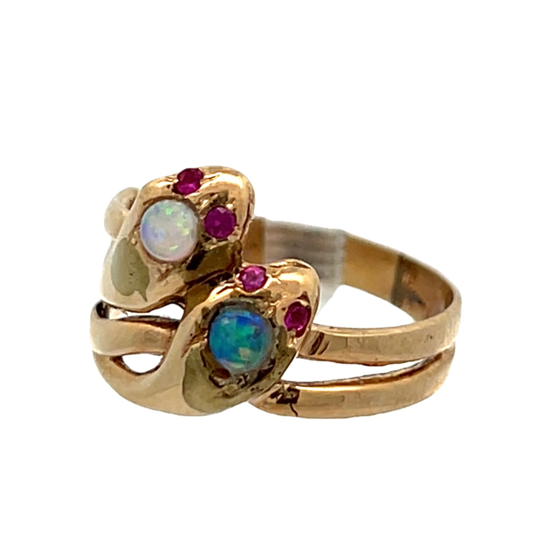 Estate Victorian 14kt yellow gold pearl and ruby snake ring