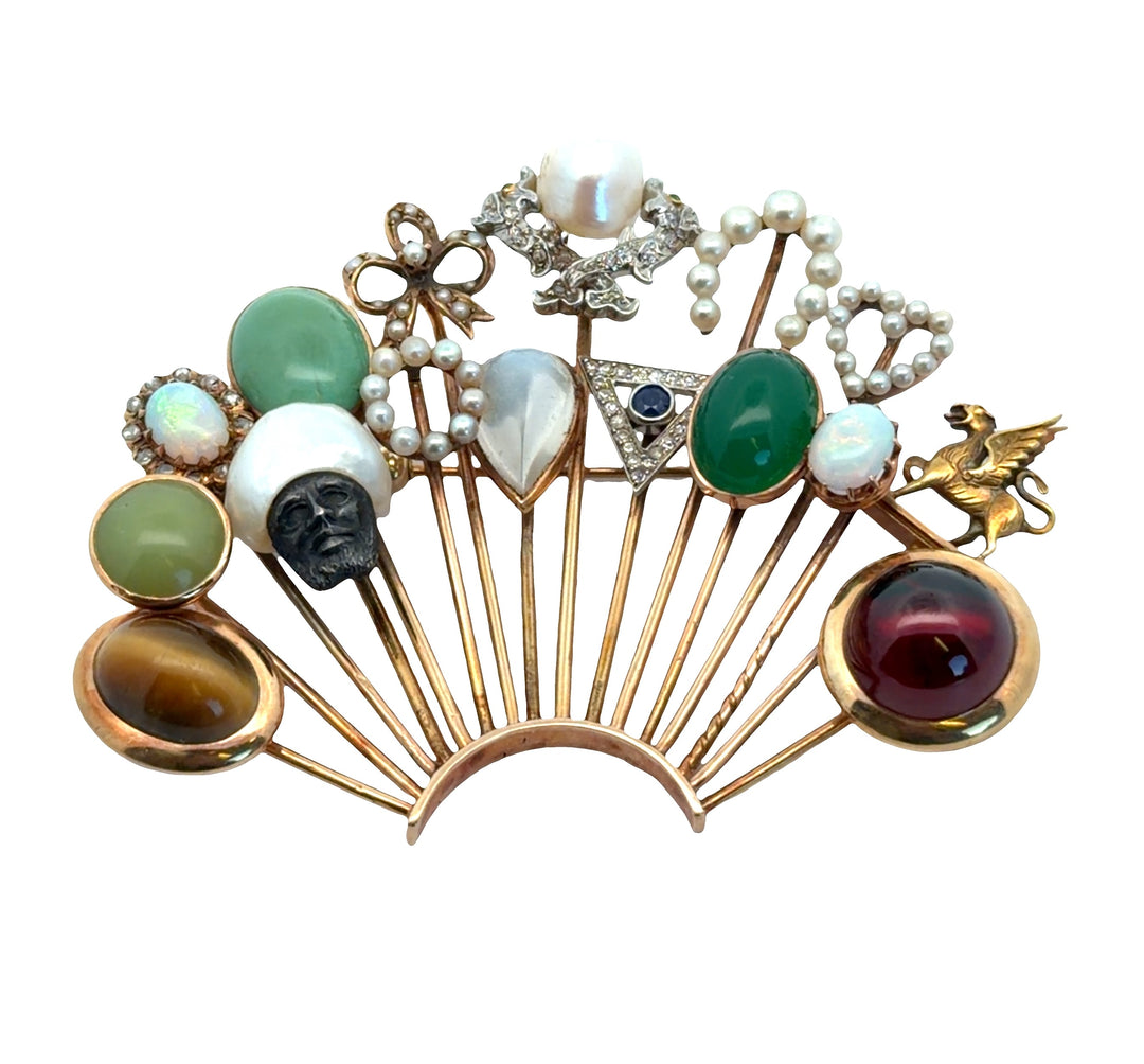 Estate Mid Century 14kt yellow gold cluster brooch, handcrafted from a collection of sixteen antique stick pins