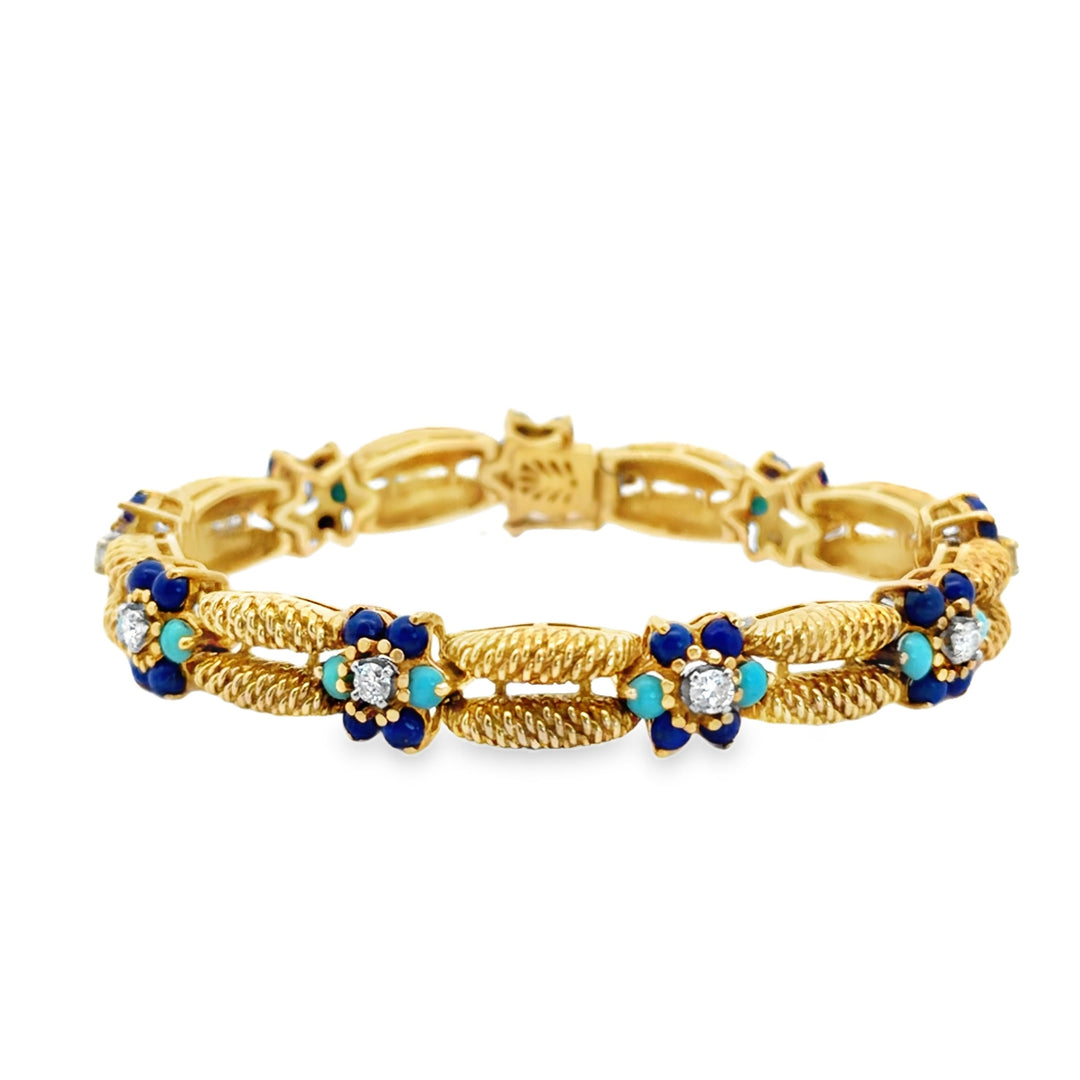 Estate Mid-Century 18kt yellow gold lapis, turquoise, and diamond bracele