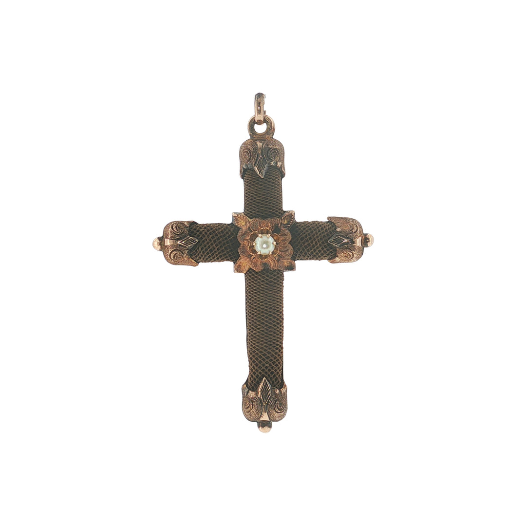 Estate Victorian 12kt Yellow Gold Pearl & Woven Hair Mourning Cross Pendant