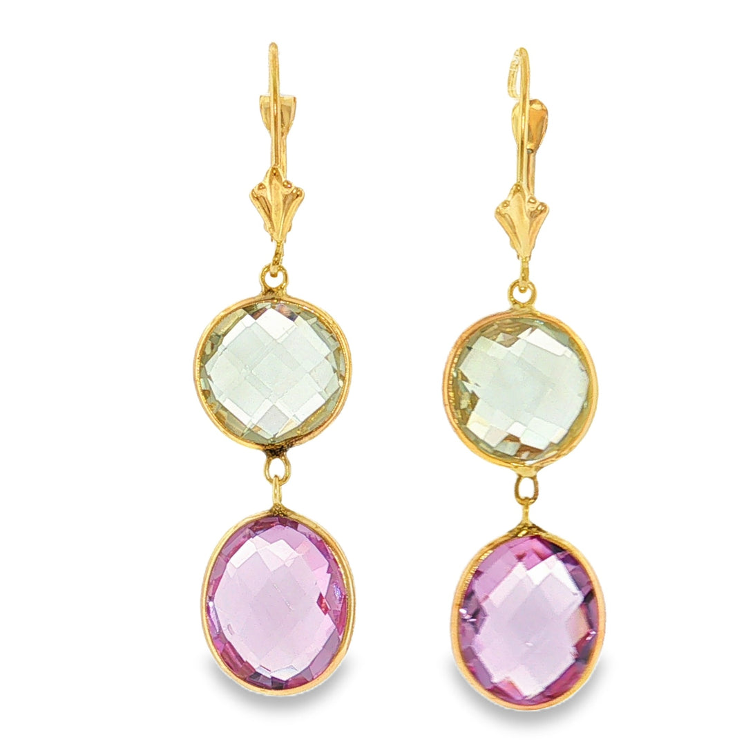 Estate 14kt yellow gold prasiolite and amethyst drop earrings