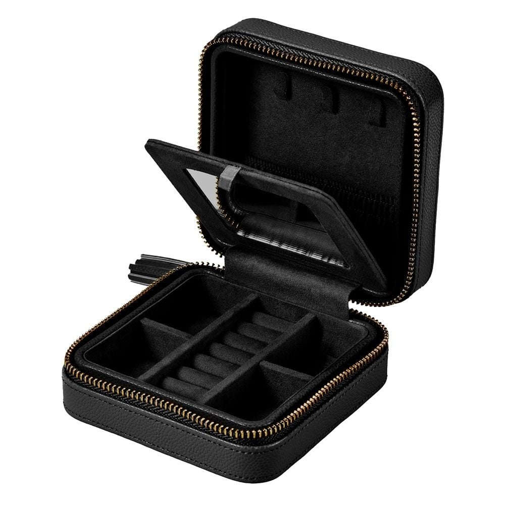 WOLF "Lauren" textured black leather zippered square travel jewelry case
