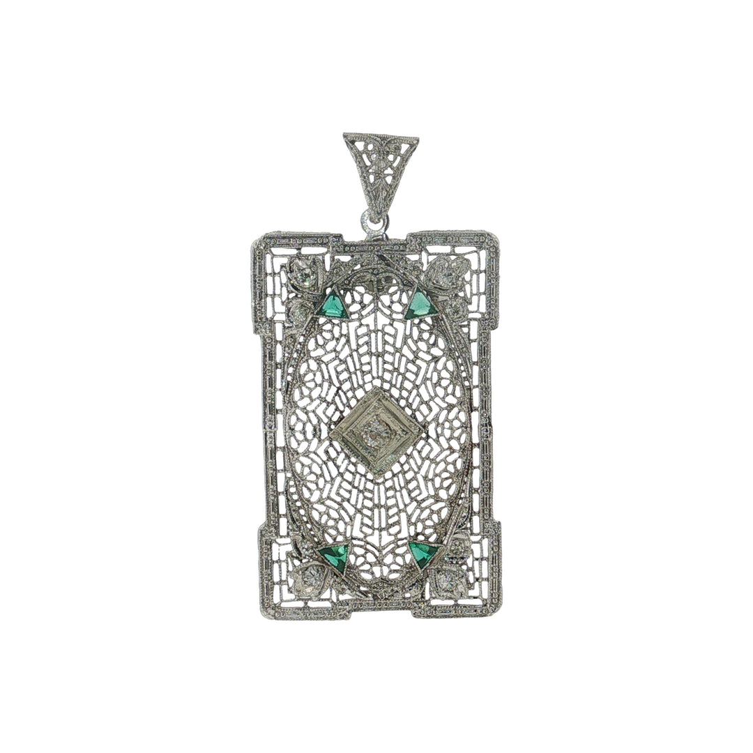 Estate Art Deco 14kt White Gold Diamond & Green Glass Filigree Pendant