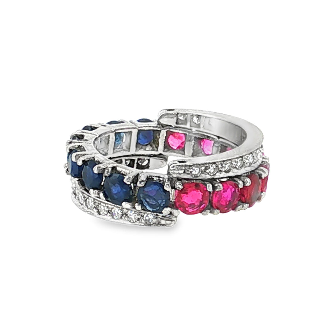 Estate Mid-Century 18kt white gold ruby, sapphire, and diamond flip eternity band ring