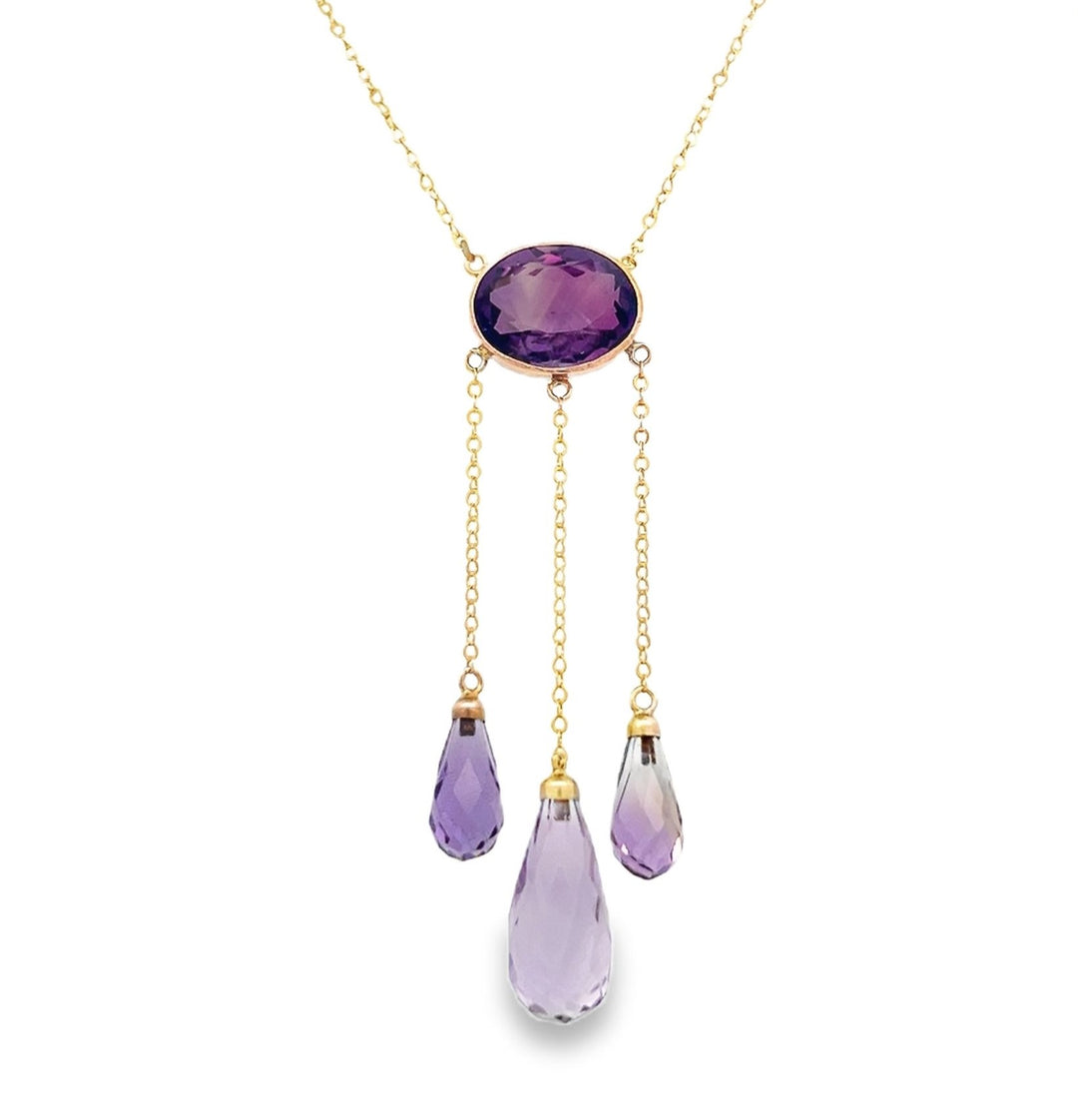 Estate Edwardian 10kt yellow gold oval and briolette amethyst necklace