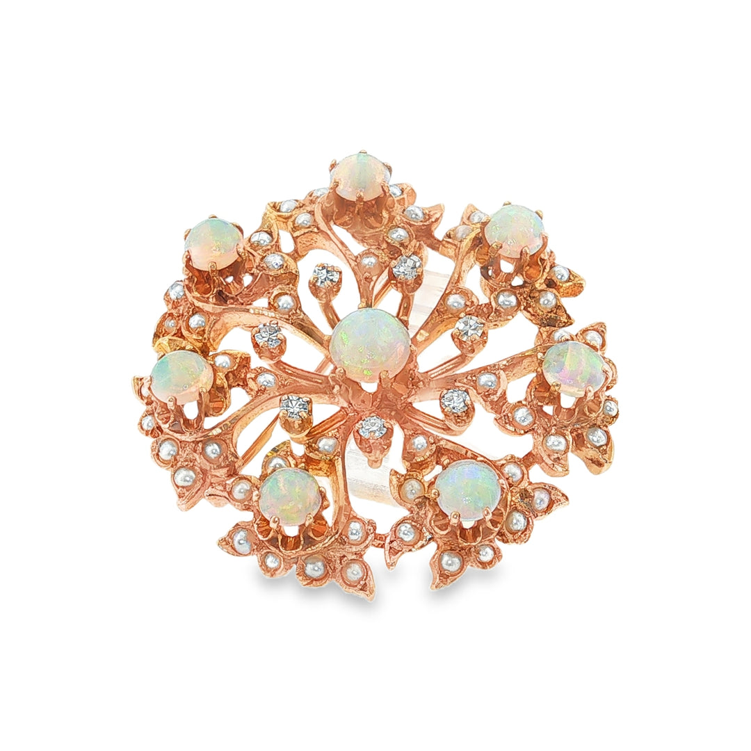 Estate 14kt rose gold opal, seed pearl and diamond convertible brooch pendan