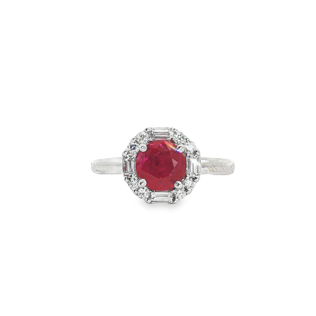Estate 18kt white gold ruby and diamond halo ring