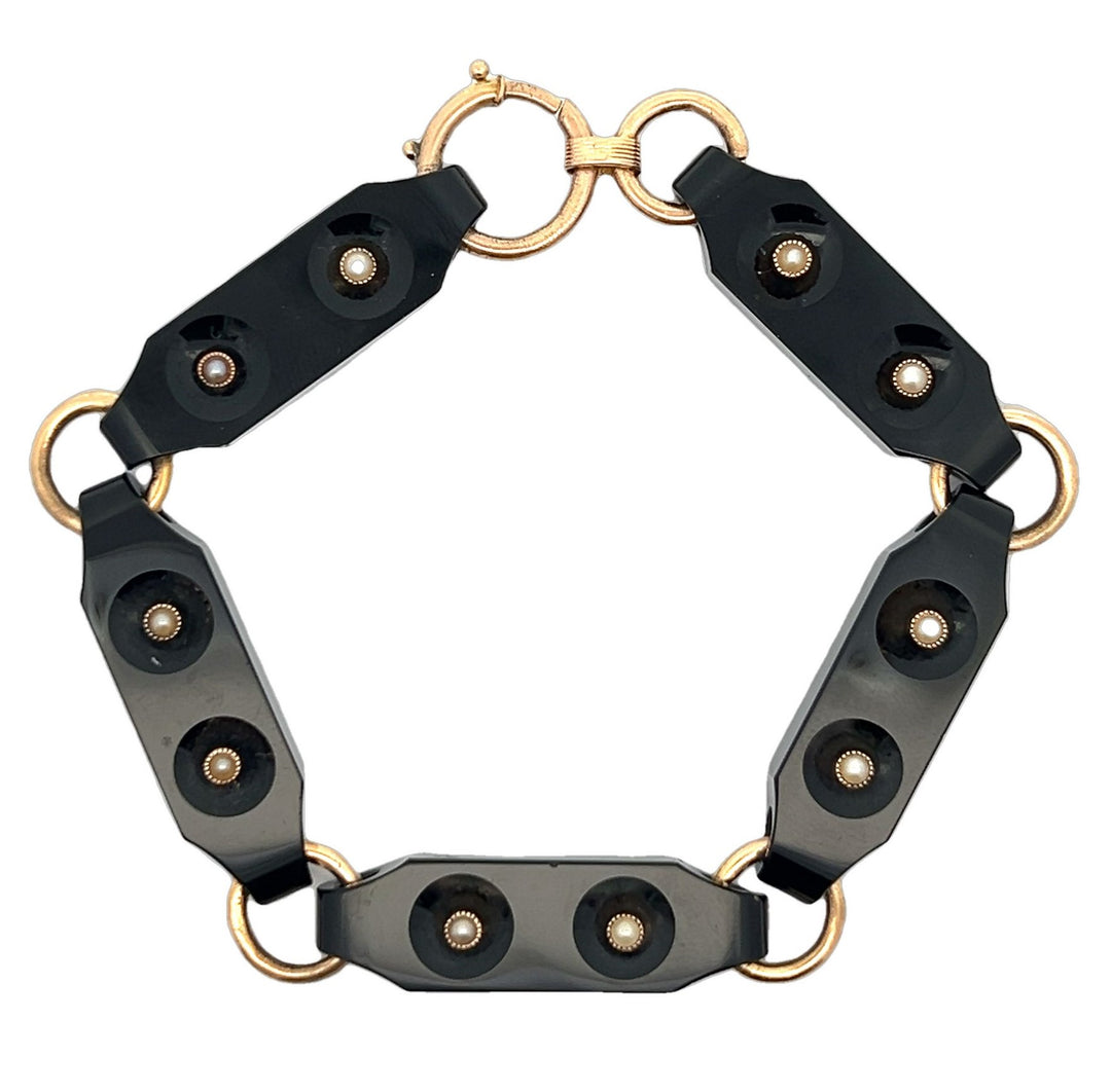 Estate Victorian 14kt yellow gold onyx and seed pearl mourning bracelet