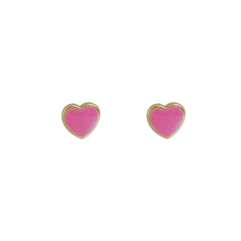 14k yellow gold pink enamel child/youth petite heart earrings