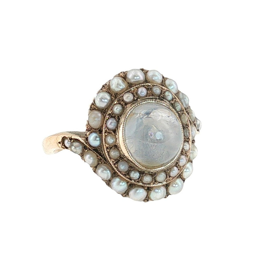 Estate Mid-Century 14kt yellow gold star sapphire and seed pearl bypass ring