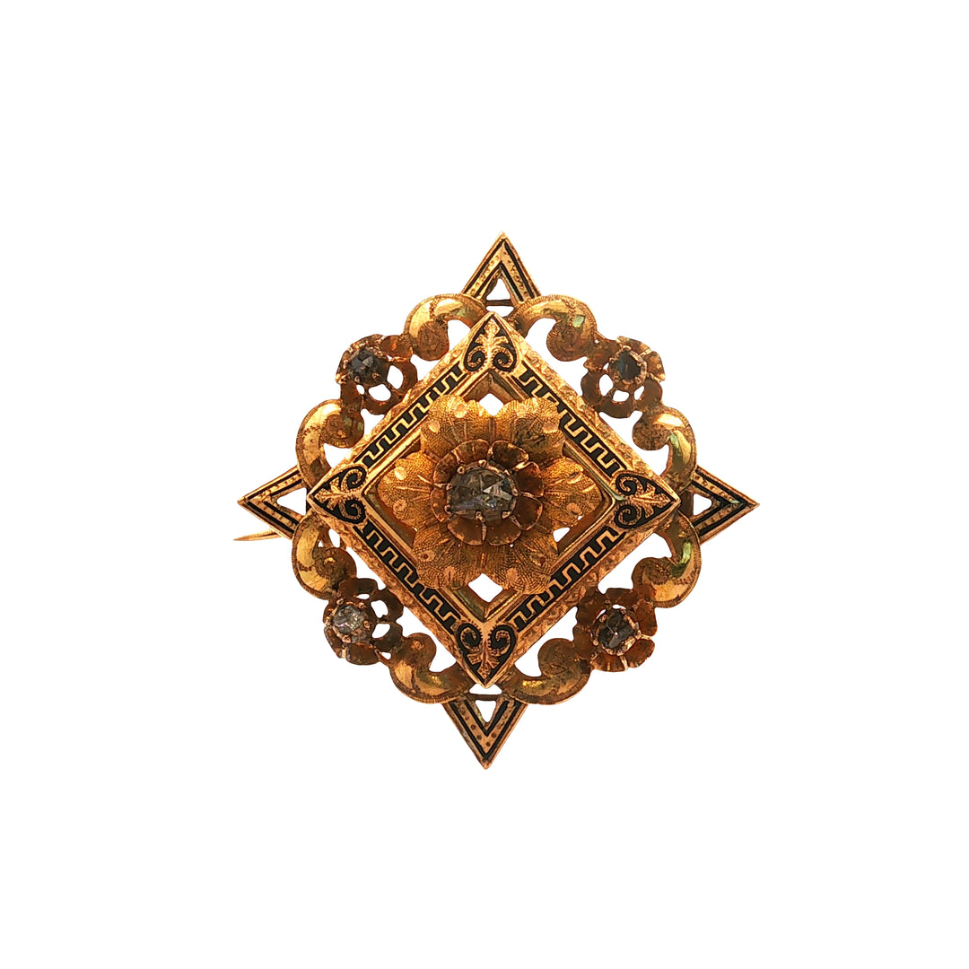 Estate Georgian/Early Victorian 14kt yellow gold diamond and enamel brooch,