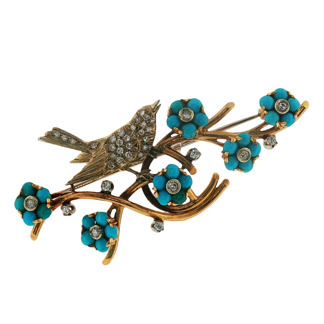 Estate Edwardian 18kt white and yellow gold turquoise and diamond bird brooch
