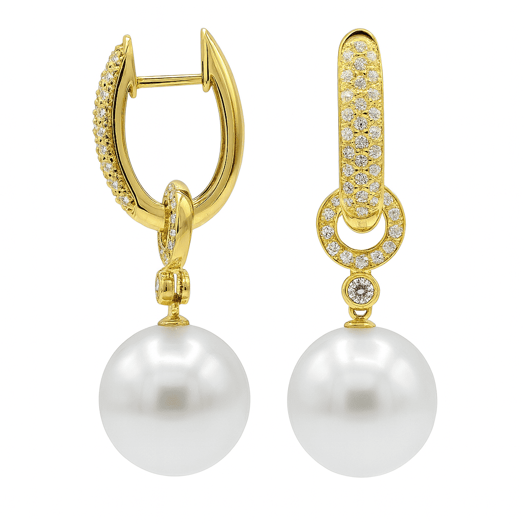 18kt yellow gold South Sea pearl and diamond hoop and charm earrings