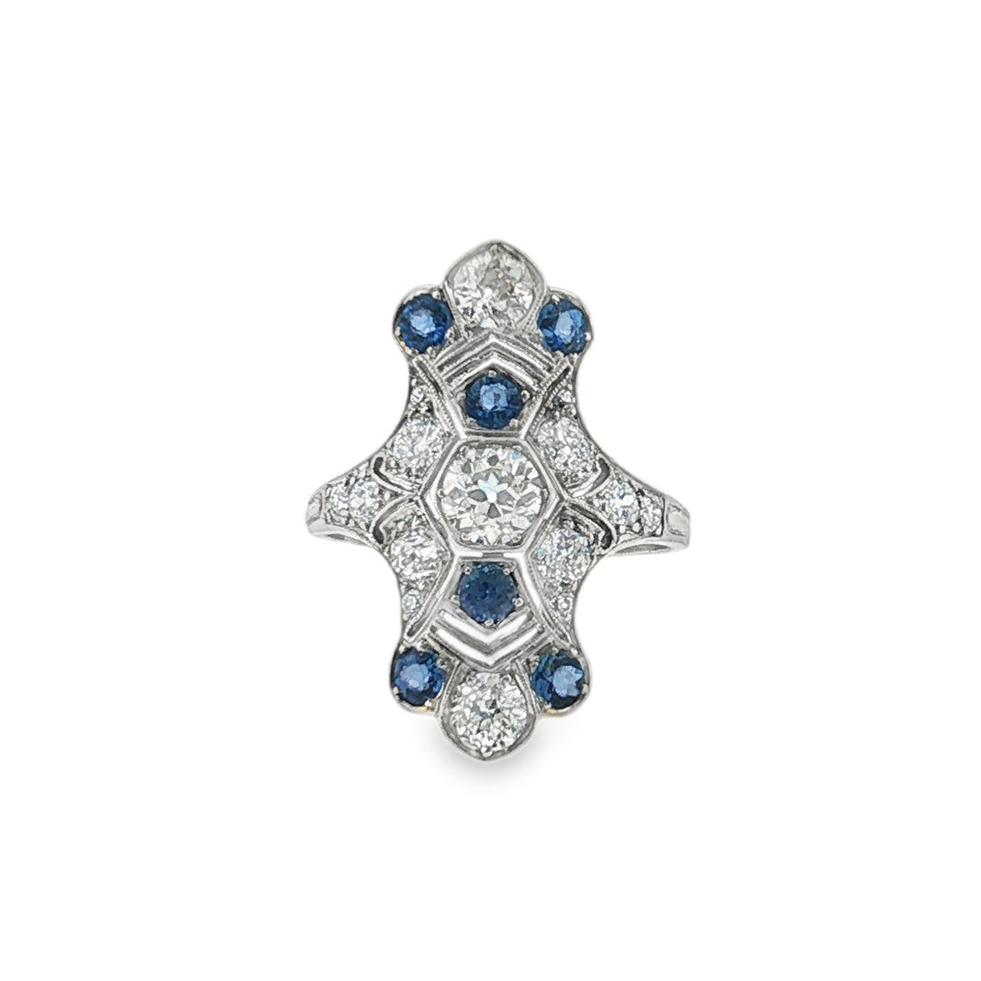 Estate Art Deco Platinum Diamond and Sapphire Filigree Ring