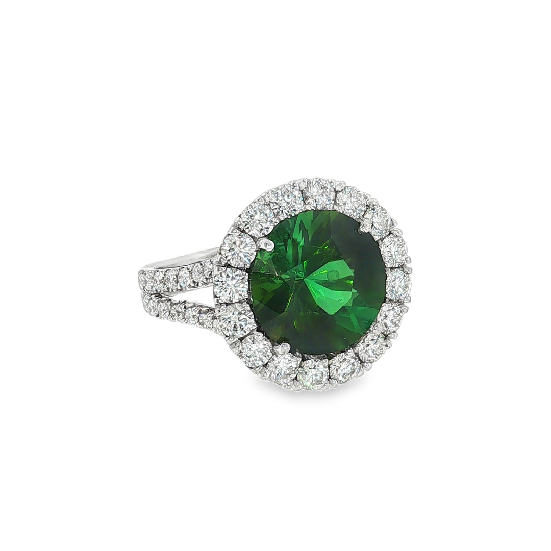 Estate 14kt white gold green tourmaline and diamond halo ring