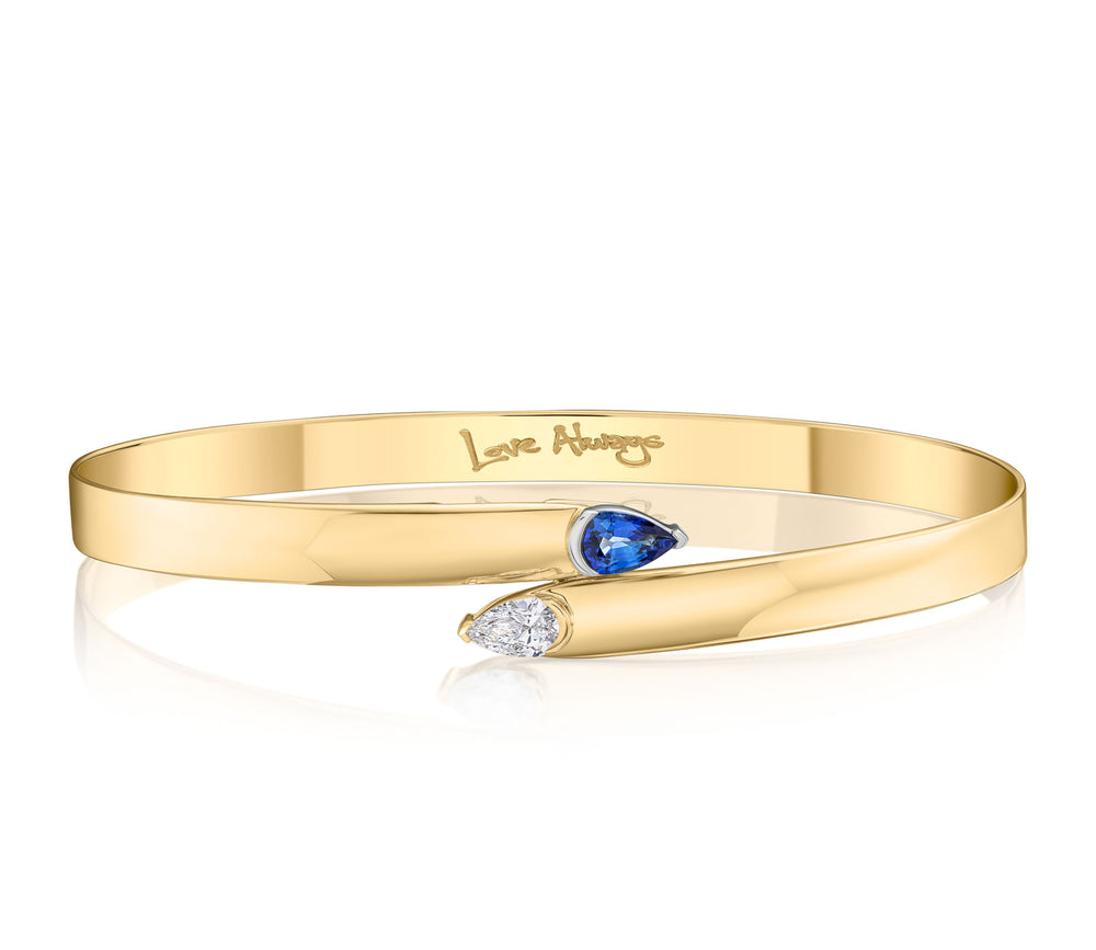 Phillips House 18kt yellow gold pear shaped diamond and blue sapphire toi et moi bracelet