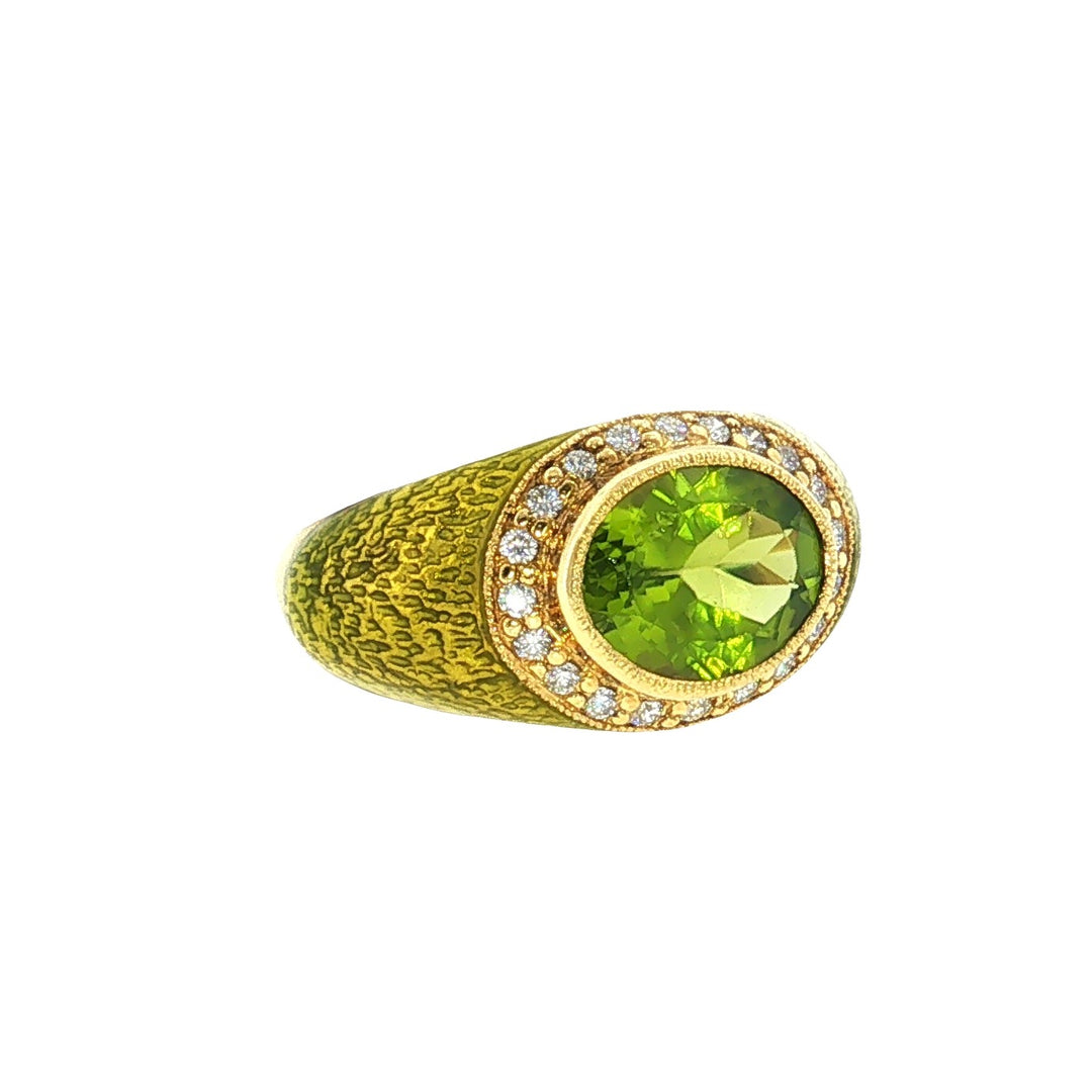 Estate Hildago 18kt yellow gold peridot and diamond enamel ring