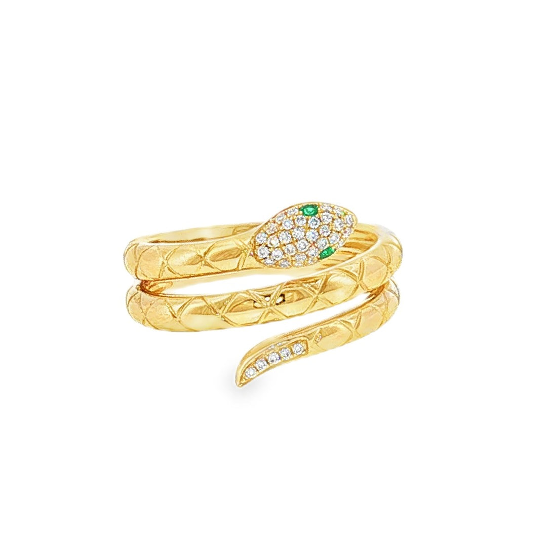 14kt yellow gold diamond and emerald snake ring