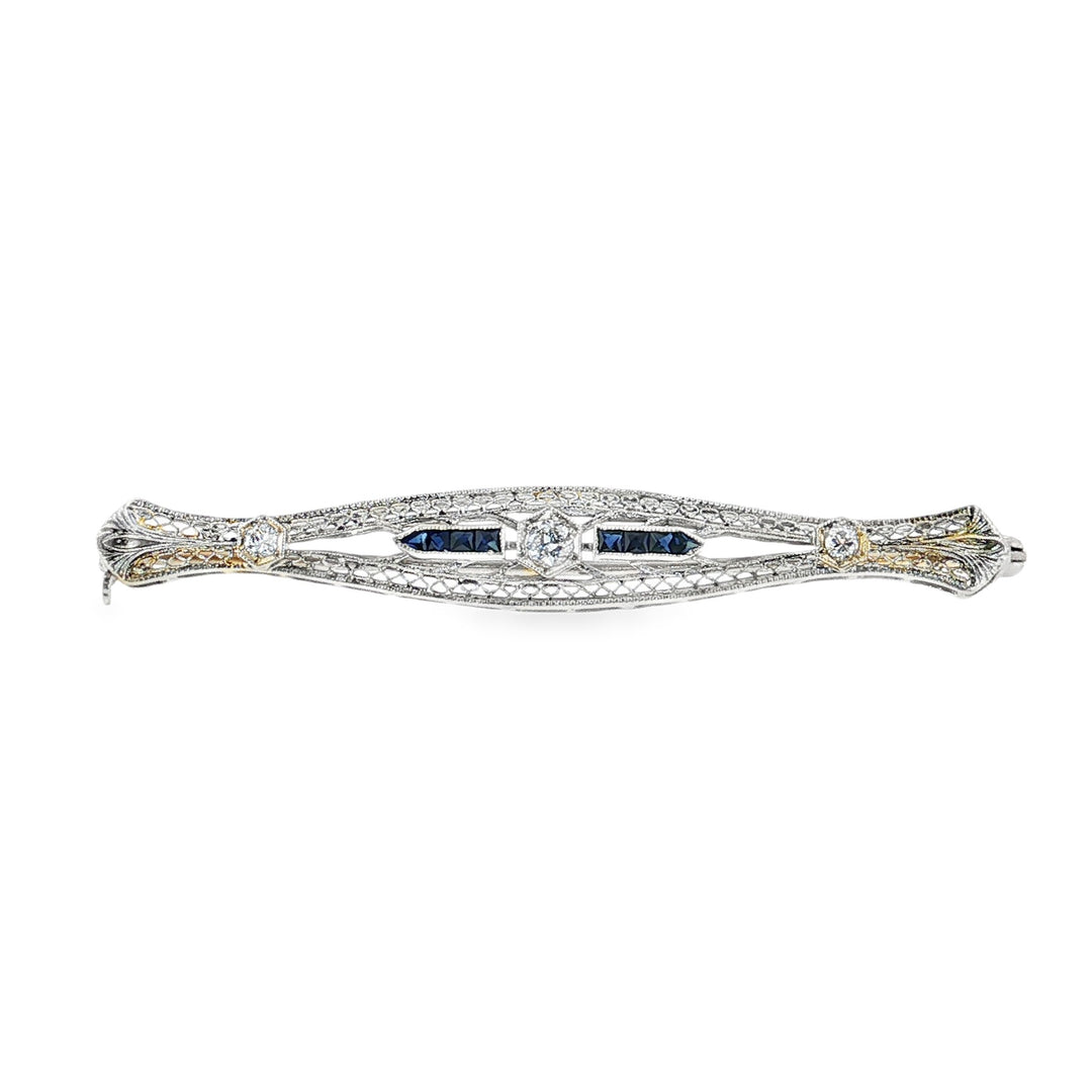 Estate Art Deco 14kt white gold sapphire and diamond bar brooch