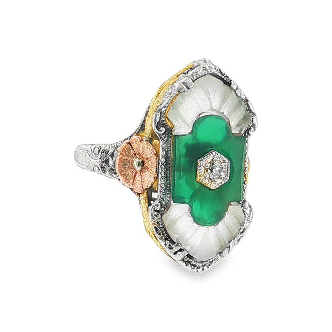 Estate Art Deco Tri-Color Gold Green Chalcedony, Rock Crystal & Diamond Filigree Ring