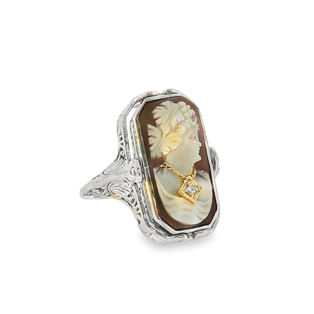 Estate Art Deco 14kt white gold onyx and cameo flip ring