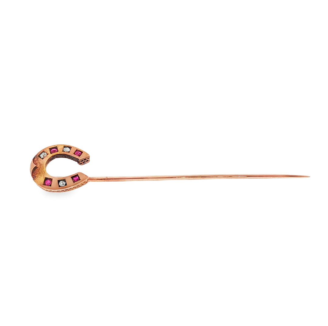 Estate Victorian 18kt yellow gold French horse shoe stick pin accented