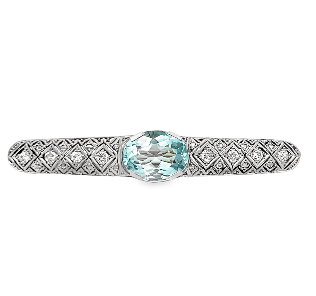 Estate early 20th century 14kt white gold aquamarine and diamond bar brooch
