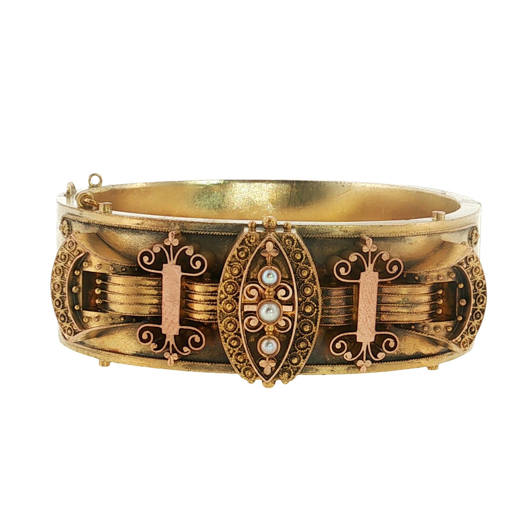 Estate Victorian 18kt yellow gold seed pearl bangle bracelet.